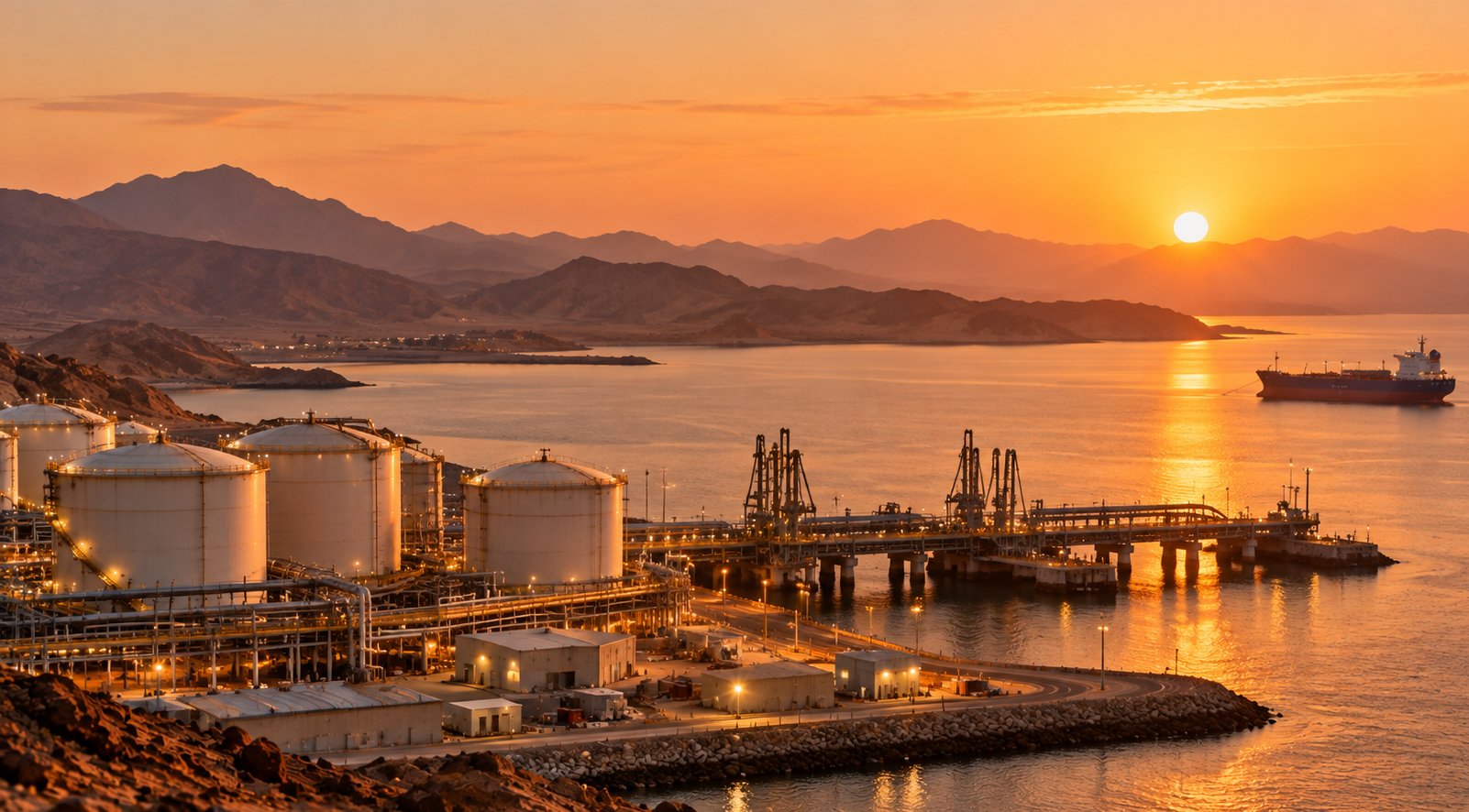 Coastal industrial terminal in Oman at sunset