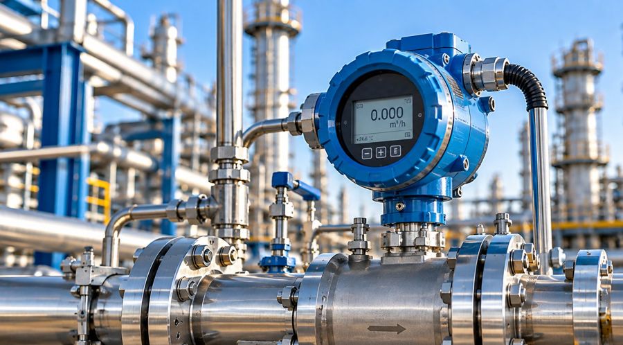 Industrial flowmeter with digital display on a stainless steel pipeline