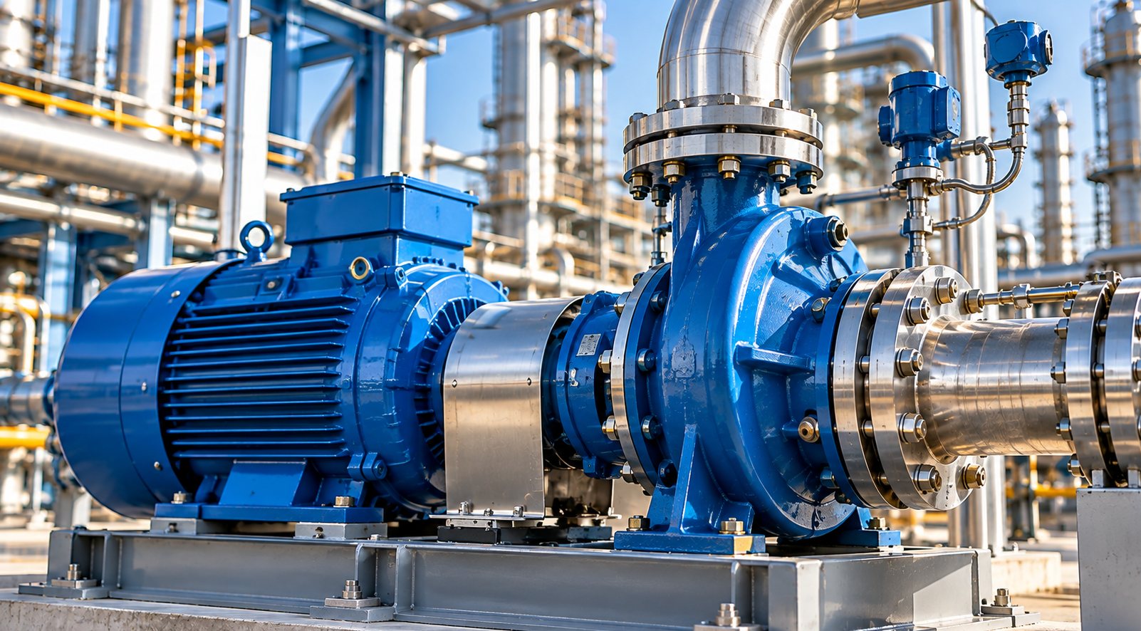 Blue centrifugal pump and electric motor on a steel skid