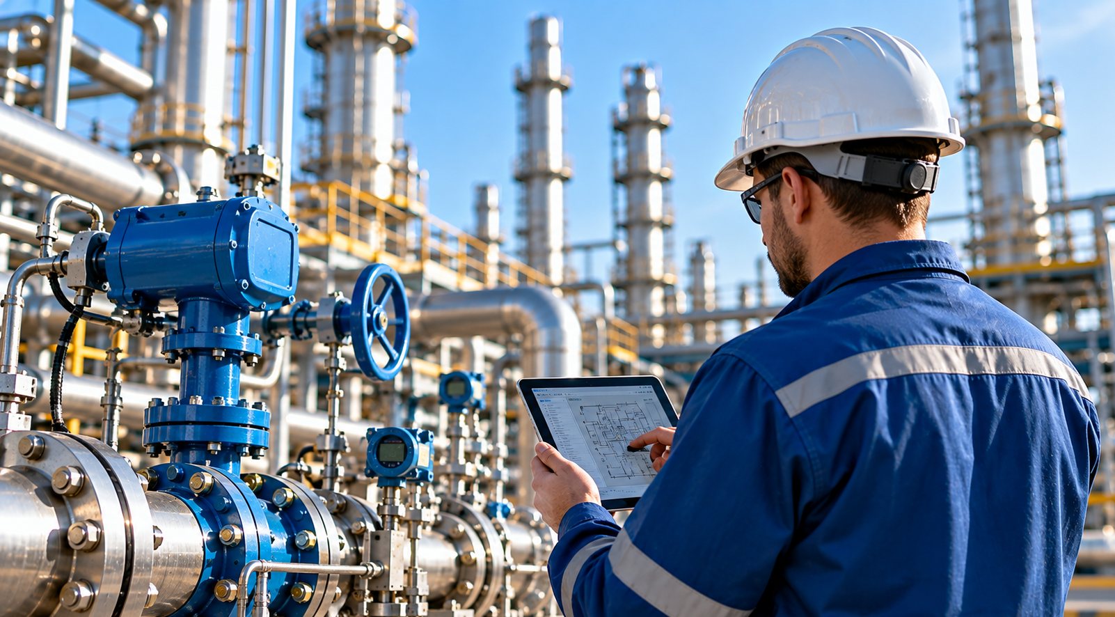 Engineer reviewing technical drawings on a tablet beside process equipment