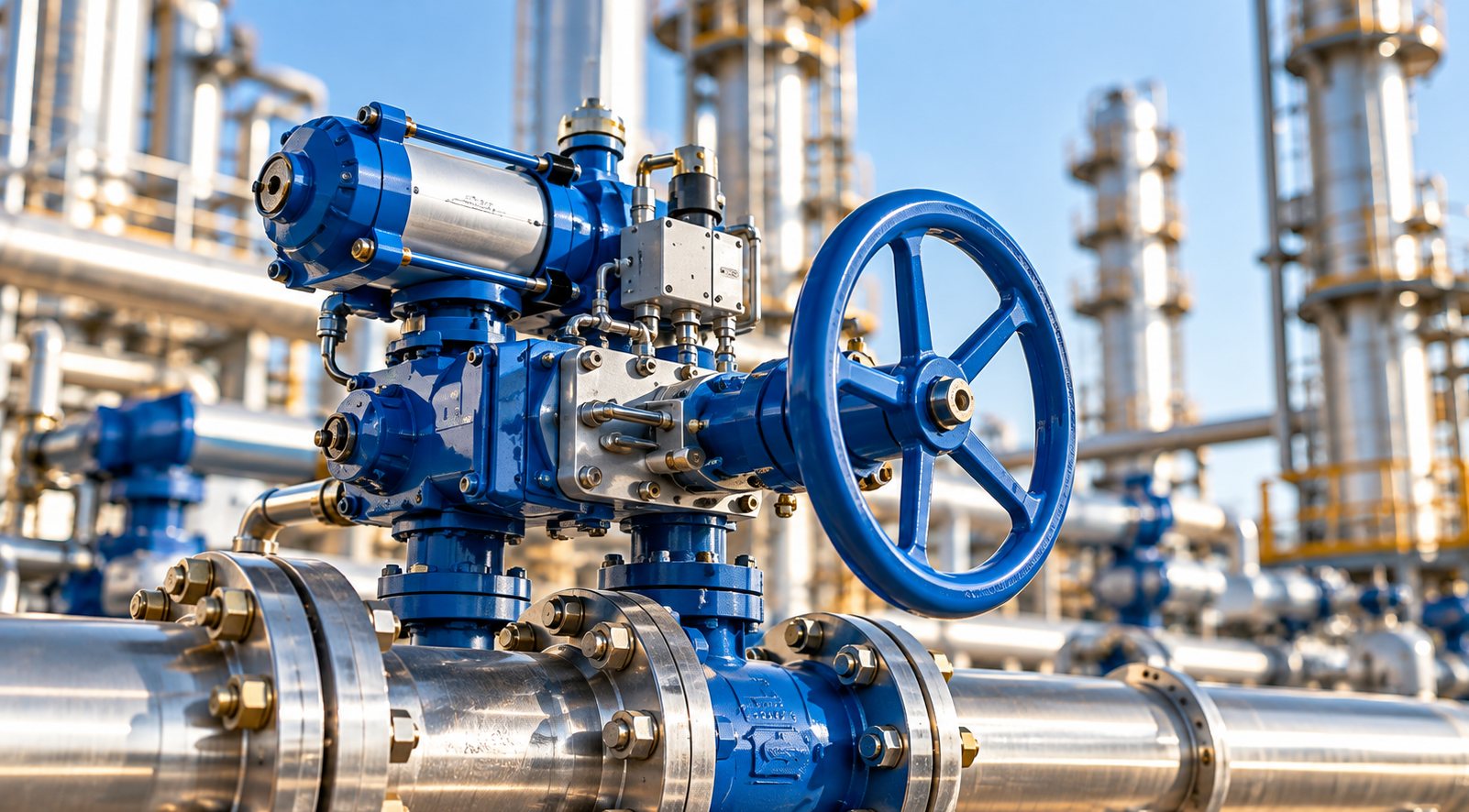 Blue actuated control valve with handwheel on a process pipeline